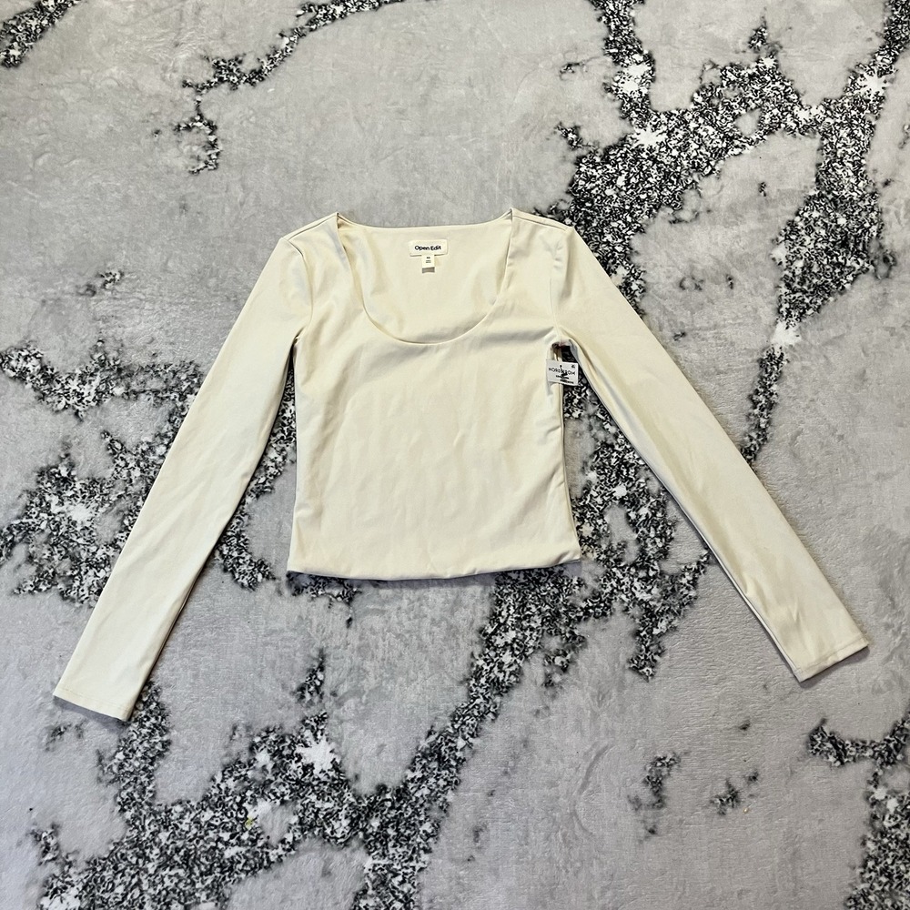 Open Edit Shirt Womens Size XS Ivory Dove Long Sleeve Stretch Basic